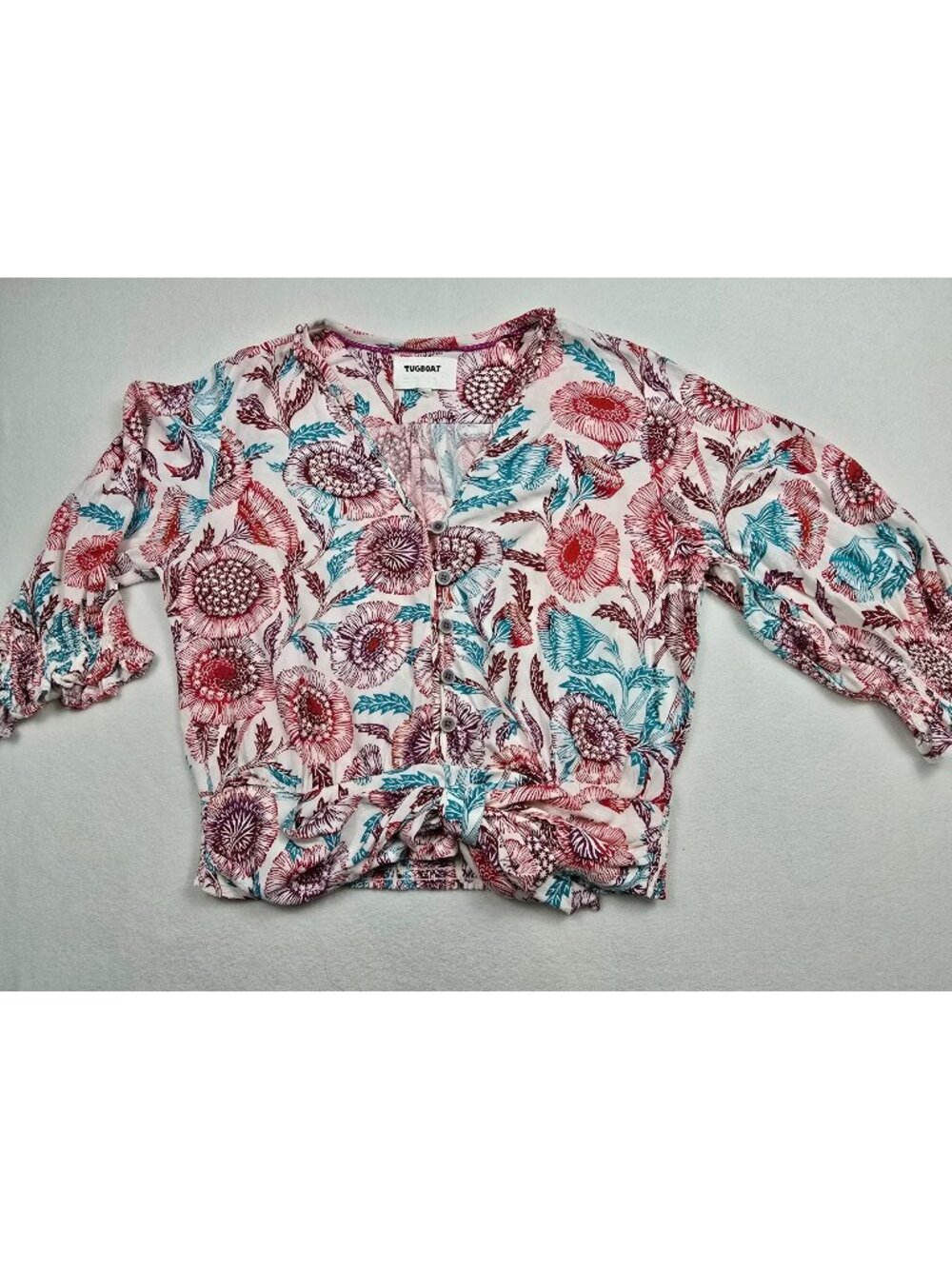 Anthropologie Tugboat Floral V-Neck Boho Blouse Tie Front 3/4 Sleeves Size L